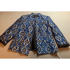 Kasper Womens Blue Geometric Print Blazer Jacket Size 10 Mandarin Collar